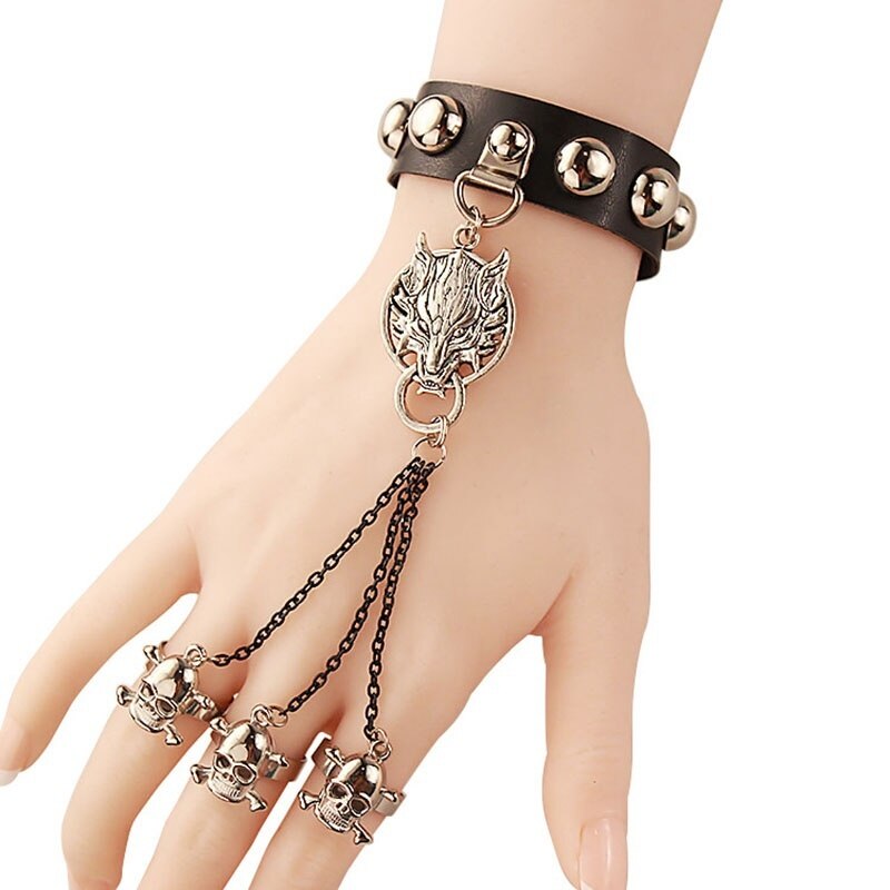 Smarte smykker gotisk kranium ulv håndkæder læderarmbånd håndfingre ringarmbånd (størrelse: enkelt, farve: sort)