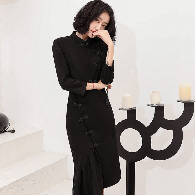 FZSLCYIYI Chinese Traditional Suede Mermaid Cheongsam Female Party Ladies Vintage Women Long Sleeve Velour Qipao