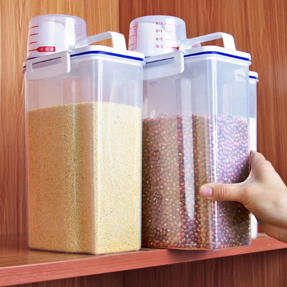 Getreide Container Lagerung Reis Eimer Große Lebensmittel PP Luftdichten Silizium Dichtung Mehl Zucker trocken Klar Messbecher Küche Etiketten Deckel
