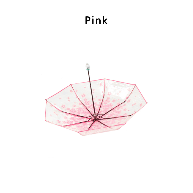 Guarda-chuva transparente estilo transparente, guarda-chuva para mulheres, dobrável, clássico, cereja, flor transparente, compacto, 2019: Rosa