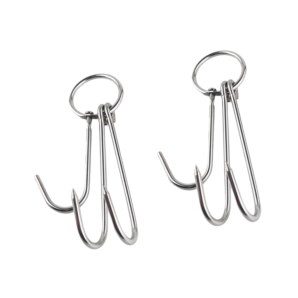 2 Pieces Stainless Steel Silver Butcher Hook Meat Ring 3 Hooks Pot Hanger Kitchen