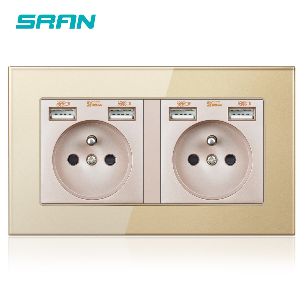 Wall 16A French Multi Power Socket Plug Grounded Electrical Socket with usb outlet strip 146 crystalglass panel family hotel: Gold A6