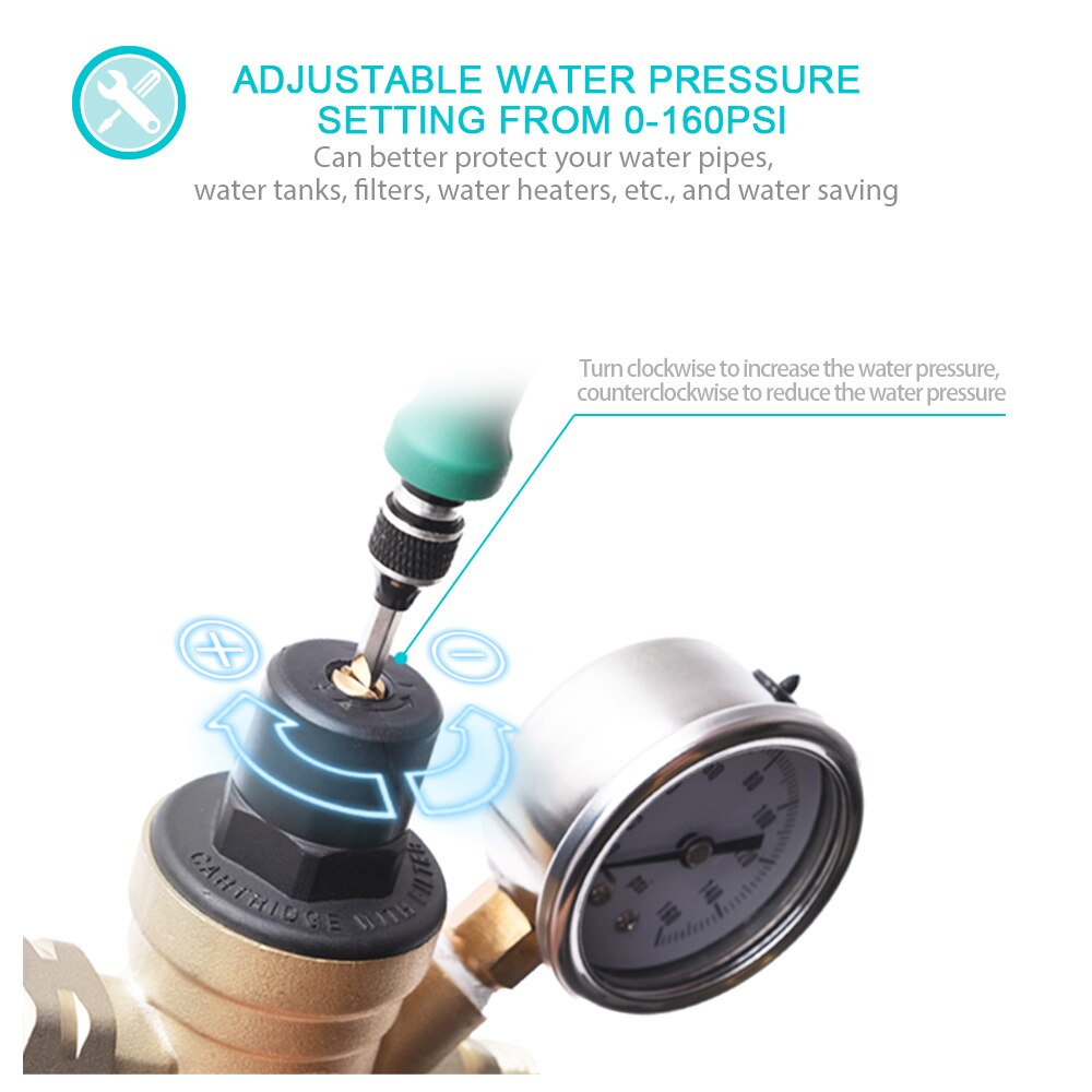 MICTUNING DN20 3/4" Brass Water Pressure Reducing Maintaining Valves Regulator Reducer Adjustable Relief Valves with Gauge Meter