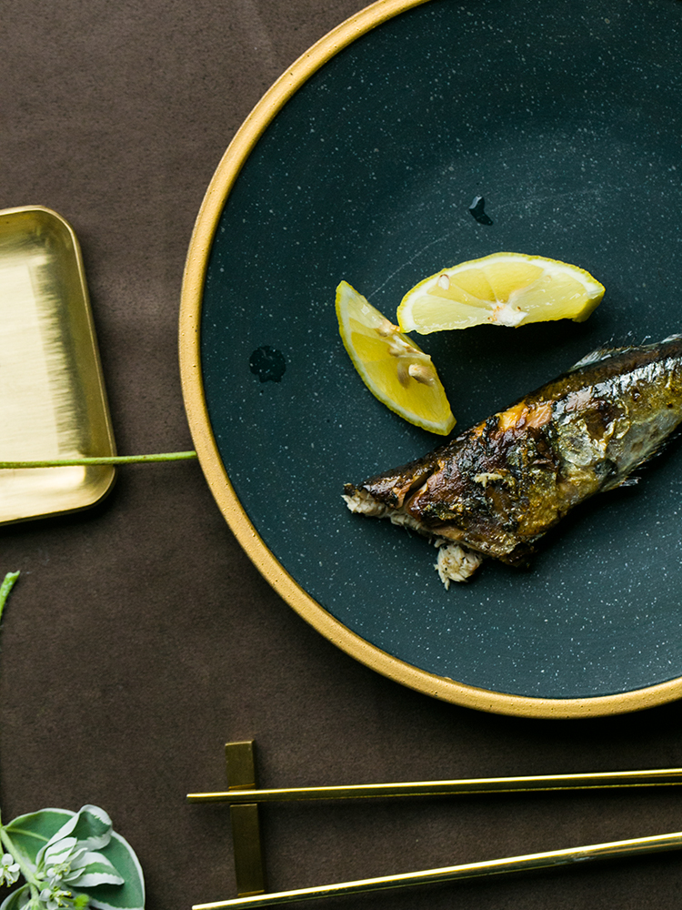 Dark Green Ceramic Plates Dinnerware Set Gold Inlay plate SOUSPLAT Mug Double Ear Bowl