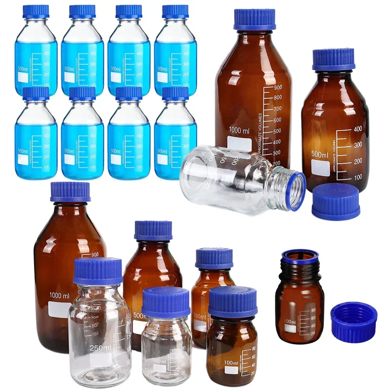 Botellas de almacenamiento de medios de vidrio redondas graduadas, color marrón/transparente, 25-1000ml, con tapas de tornillo GL45 azules para líquidos reactivos de agua de laboratorio, 1 Uds.