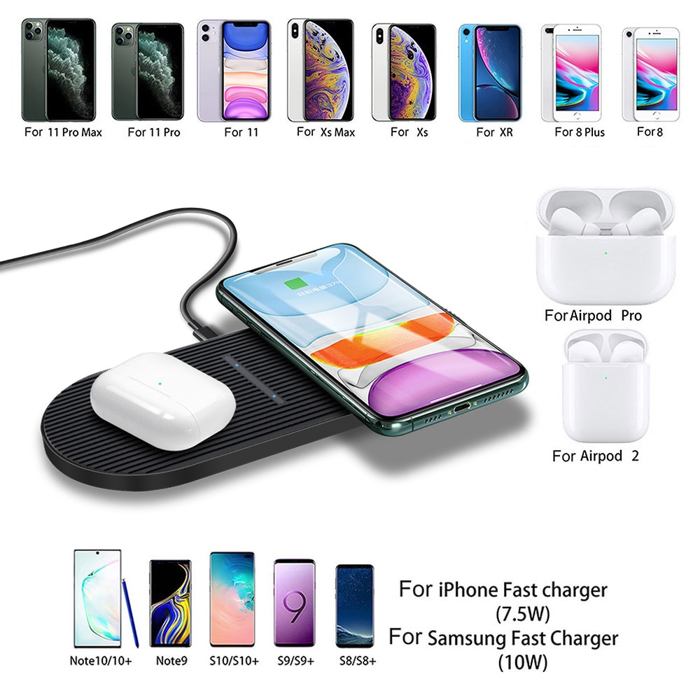 20W Qi Dual Wireless Charger Mat for iPhone 13 12 11 XS XR X 8 Airpods Pro 2 in 1 Fast Charging Pad Station For Samsung S21 S20