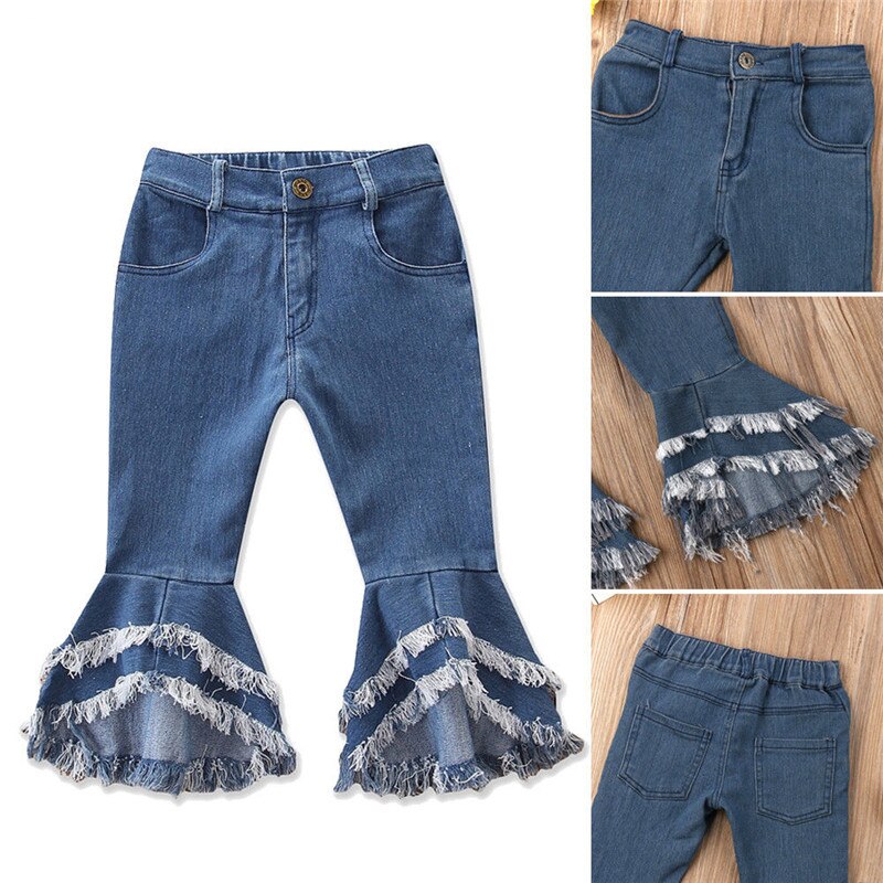 Newborn Toddler Kids Baby Girl Tassel Long Jeans Denim Ruffle Flared Pant Bell-bottom Trouser Girls Clothes 2-7Years