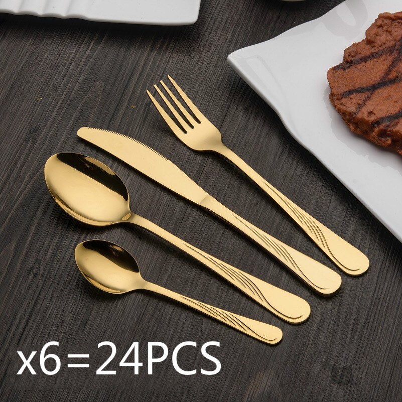 24/30 PCS Western Food Stainless Steel Cutlery Set Gold-plated Magic Cutlery Spoon/Fork/Knife Kit Dinnerware Sets: Gold 24 PCS