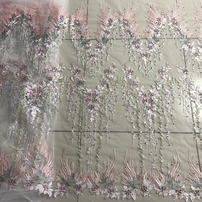 Saskia 1 yard perlebroderi stof afrikansk blonder mesh net stof materiale syning til brudekjole tøj blomst stof diy: Grå lyserød