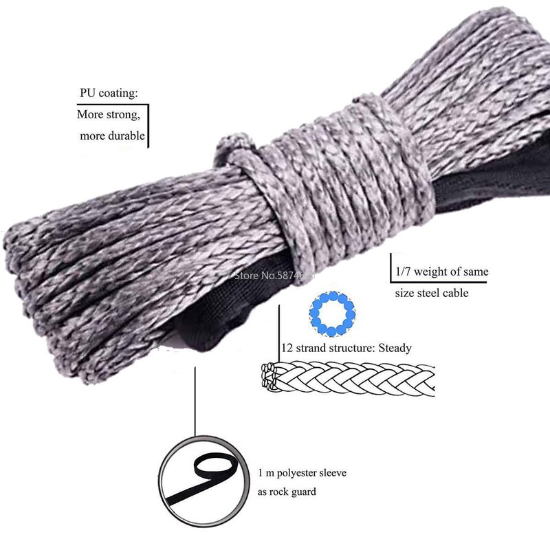 Winch Rope String Line Cable with Sheath Gray Synthetic Towing Rope 15m 7700LBs Car Wash Maintenance String for ATV UTV Off-Road