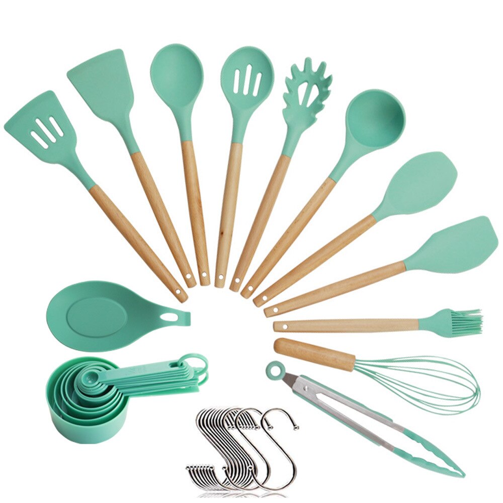 Siliconen Kookgerei Set Keukengerei Koken Sets Keuken Kit Accessoires Gadgets Gereedschap Met Houder Doos Anti-aanbak Milieuvriendelijke: green 14PCS