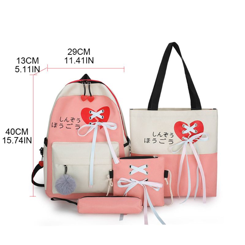 4pcs Canvas School Backpack Daypack Ribbon Shoulder Bags Handbag Pencil Case Set A69C