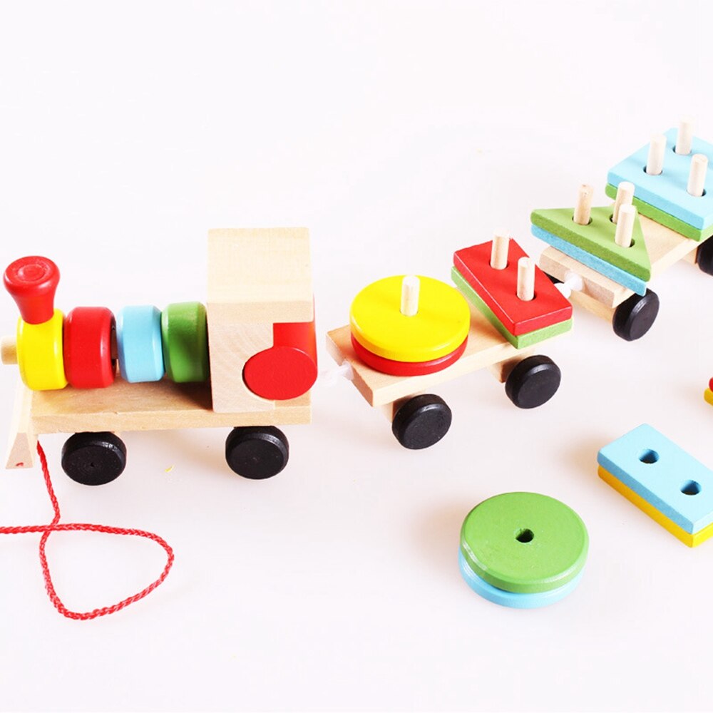 Småbørn baby træ stable tog blok legetøj sjovt køretøj blok brætspil legetøj træ pædagogisk legetøj til børn