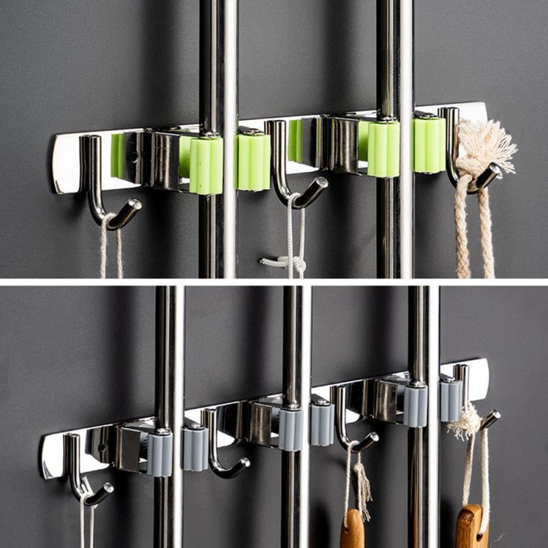 Broom Holder Wall Mount Clip Stainless Steel Heavy Duty Multifunctional Laundry Room Mop Organizer Space Saving Practical Hanger