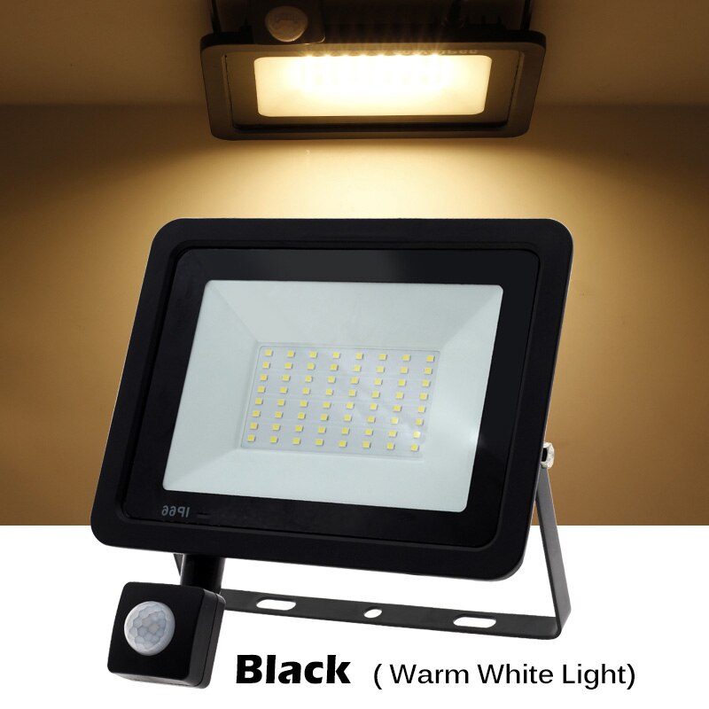 Vedenpitävä led-katuvalo 10w-100w säädettävä valonheitin 220v pir-liiketunnistimella ulkovalaisin puutarhakadulle: Musta kuori-lämmin / 100w