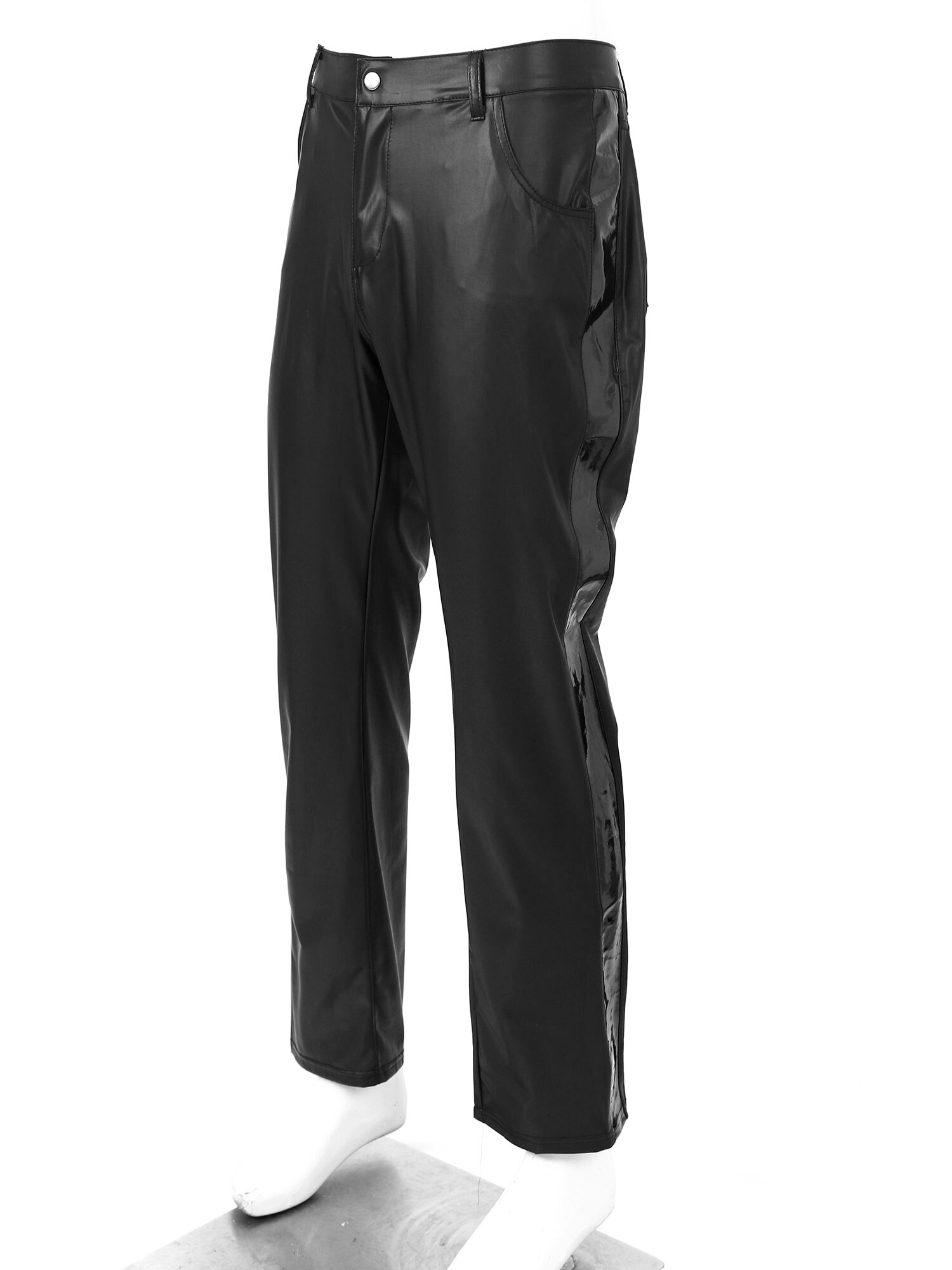 Men Black Long Pants Wet Look Faux Leather Patchwork Legging Pants Clubwear Motorcycle Mid Waist Trousers with Pockets