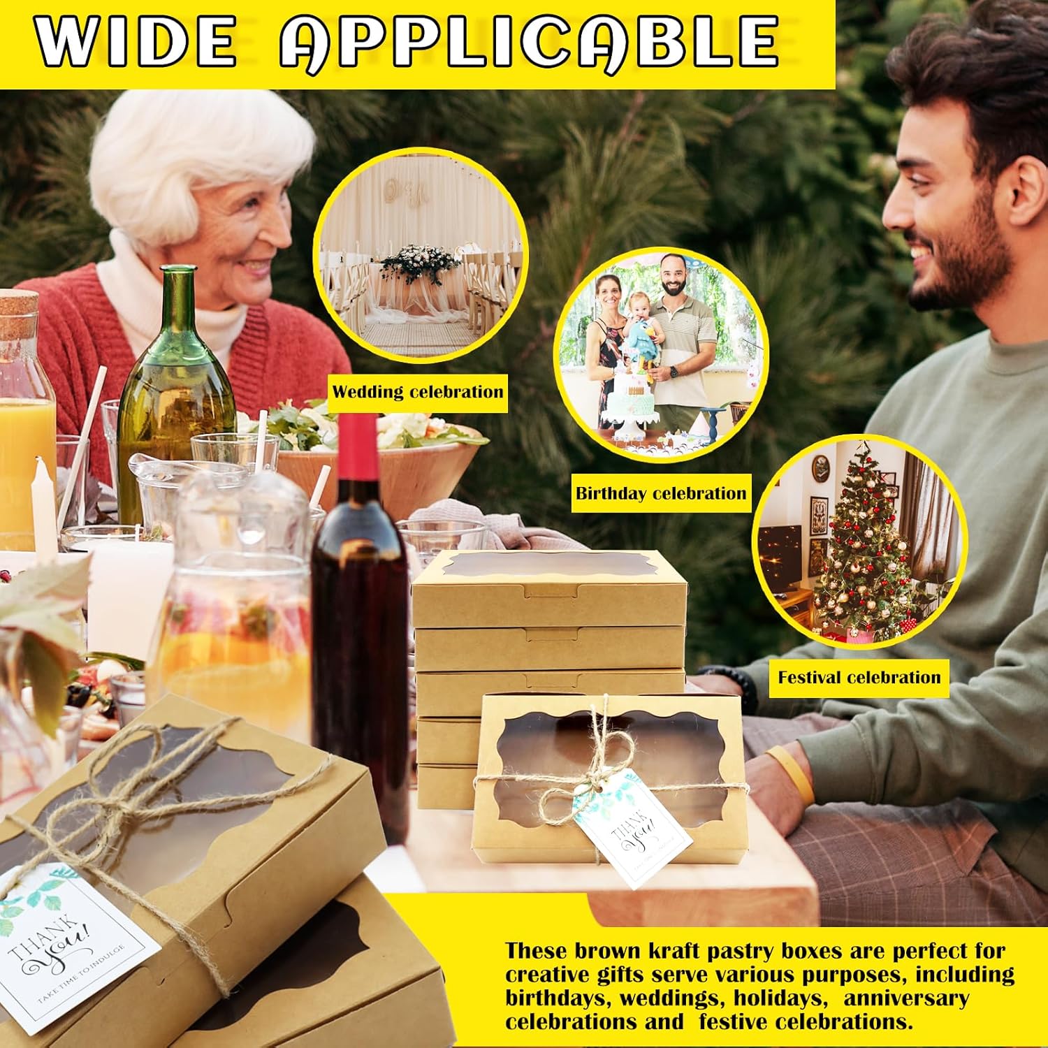 Cajas para galletas con ventana transparente, pequeñas cajas de dulces Kraft, cajas de pastelería premium con etiquetas, cuerdas para embalaje de galletas, postres y magdalenas