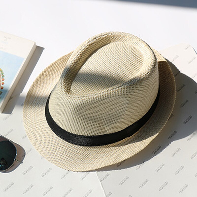 Summer Men Women Children Paper Straw Hat Trilby Gangster Cap Beach Sun Hats Straw Parent-child Jazz Hats Travel Fedoras GH-625: beige ribbon / 58cm