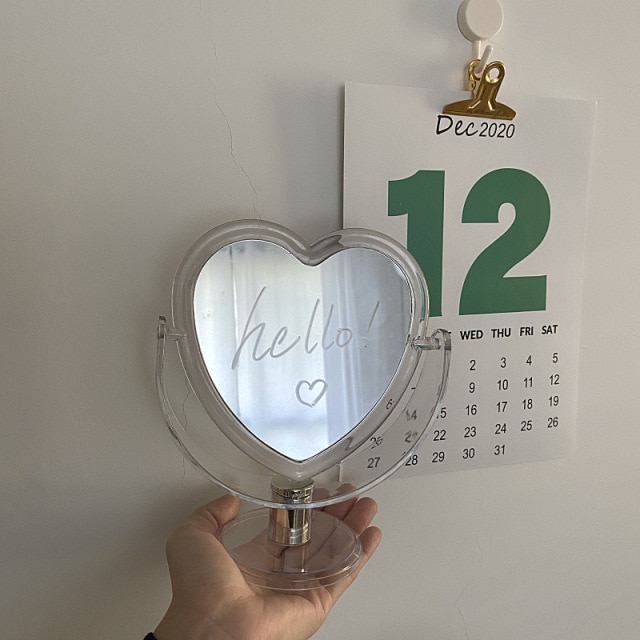 1pc Acrylic Double Side Makeup Mirror Cute Heart Shaped Cosmetic Mirror, Transparent Base Home Bedroom Desktop Make Up Mirror: White