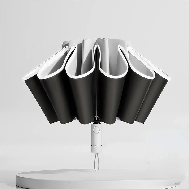 Heren Dames Paraplu Volautomatische omgekeerde opvouwbare paraplu met winddichte reflecterende streep UV-paraplu's: Beige