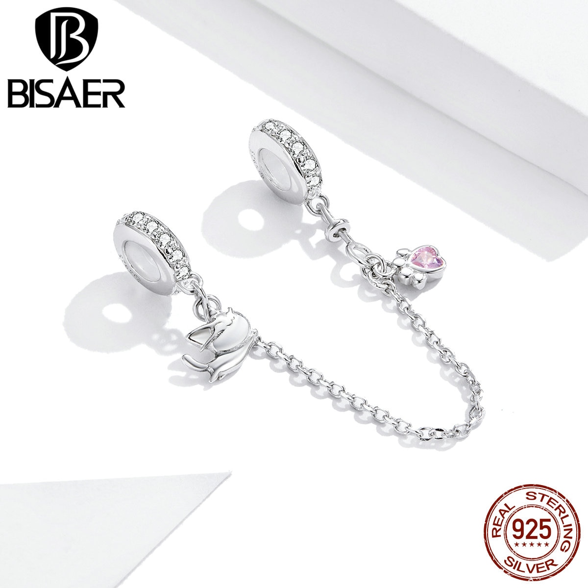 BISAER Pet Cat & Footprint Safety Chain 925 Sterling Silver Stopper Charms for Women Original Silver Bracelet Jewelry EFC243