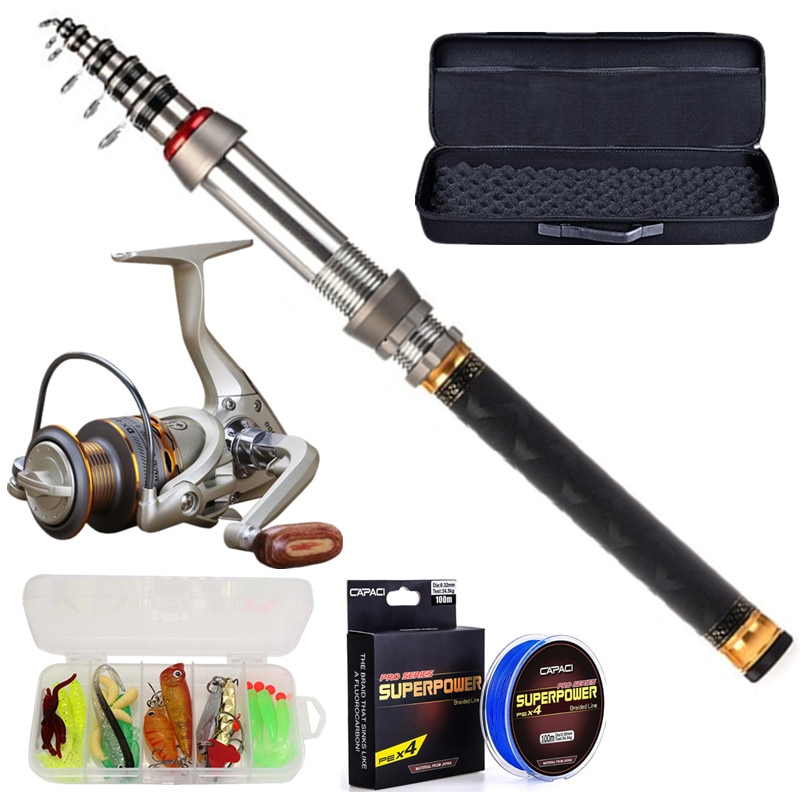 Spinning Telescopic Fishing Rod and Reel Combo Kit Set, with Line Lures Hooks Reel and Carry Bag