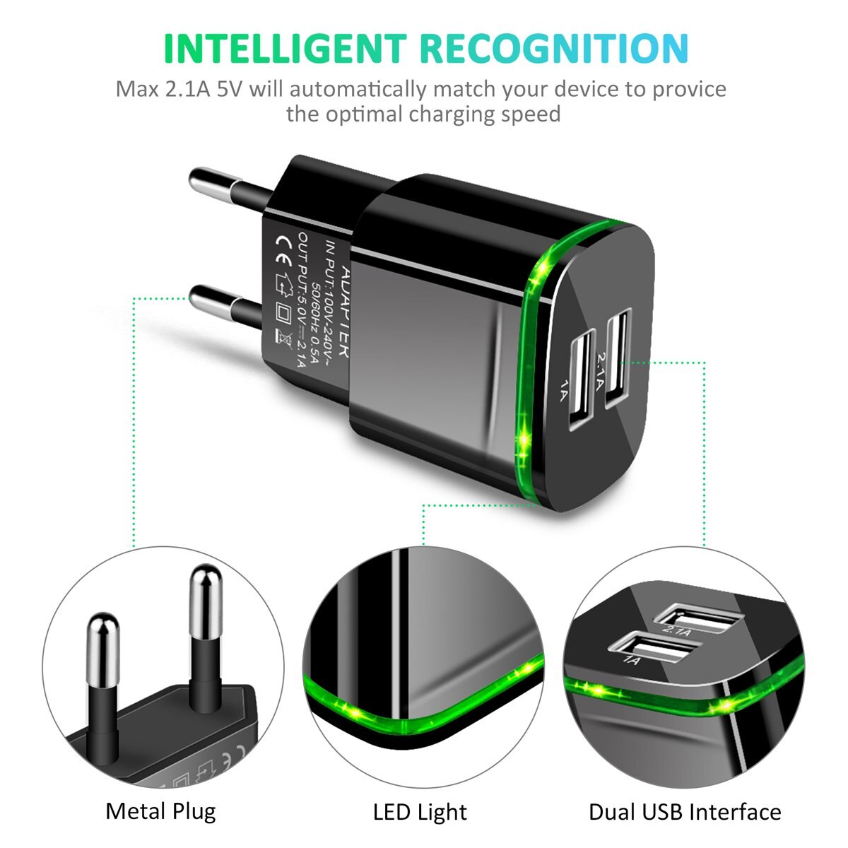 5V 2.1a/1a 2 Ports USB lampe LED verte Prise UE Chargeur Rapide Adaptateur de Câble Pour LG K10 K4 K5 K7 K8 Q6 X puissance K220DS G4 G5