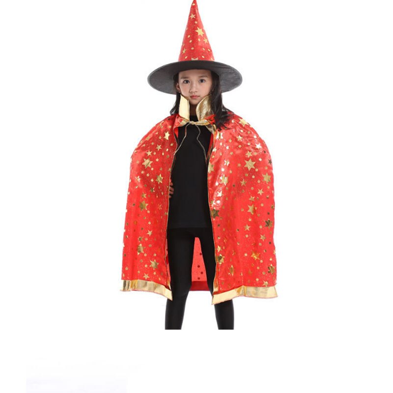 Kids Witch Wizard Cloak Hat Set Stars Pattern Halloween Role Play Cape Robe Costume For Boys Girls