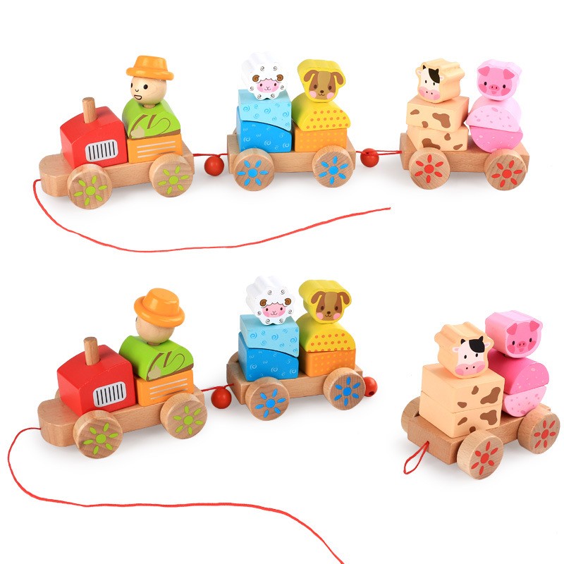 Children's Wooden Building Blocks tractor farm animals three small trains infants early childhood cognitive learning toys