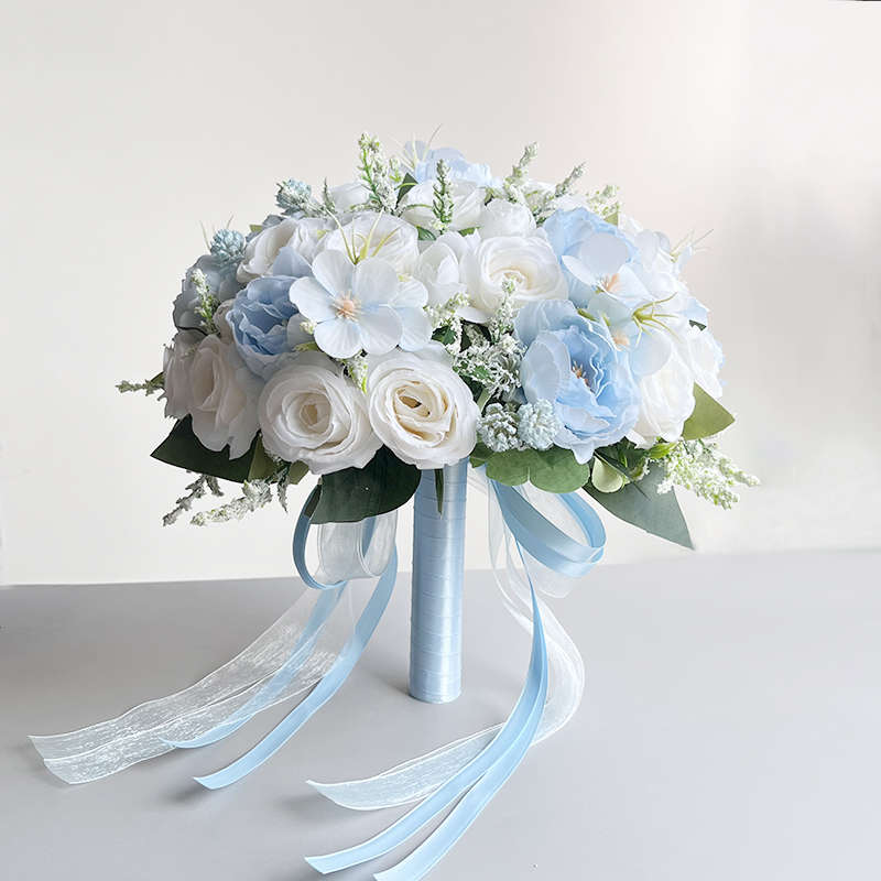 Blue Peonies White Roses Bride Bouquet Buttonhole Boutonniere Wedding Accessories Bridal Bridesmaids Marriage Artificial Flowers