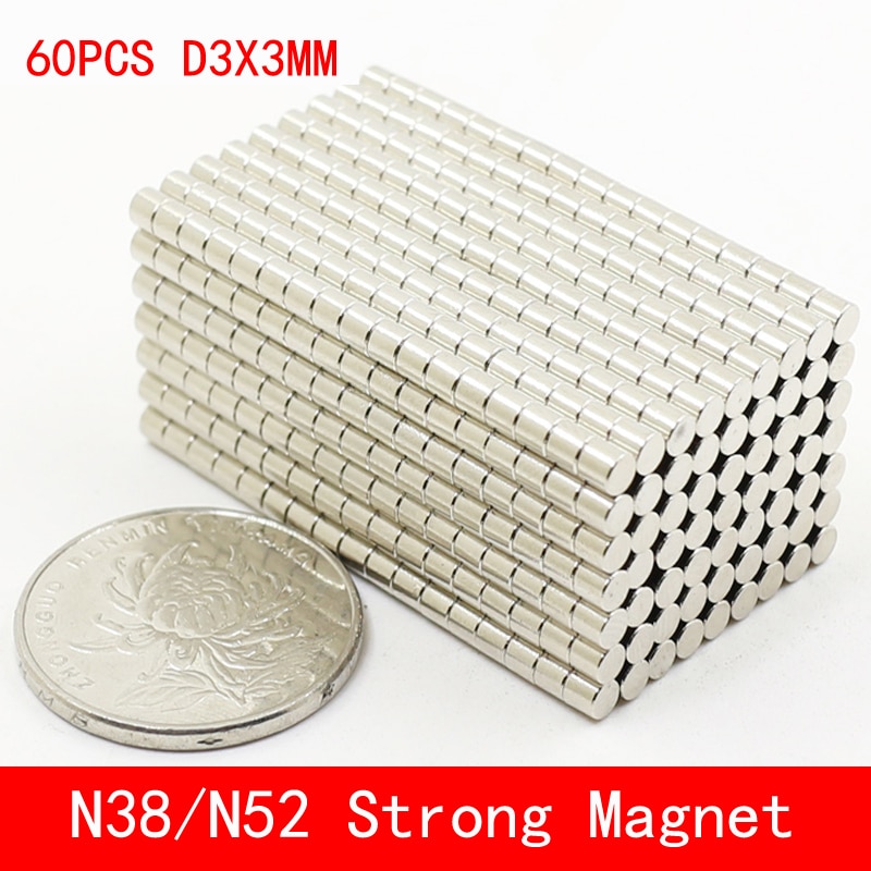 60 stks/partij Super Sterke Zeldzame Aarde mini 3mm x 3mm Permanet Magneet Ronde Neodymium Magneet N52 N38 3*3 MM oppervlak plaat nikkel