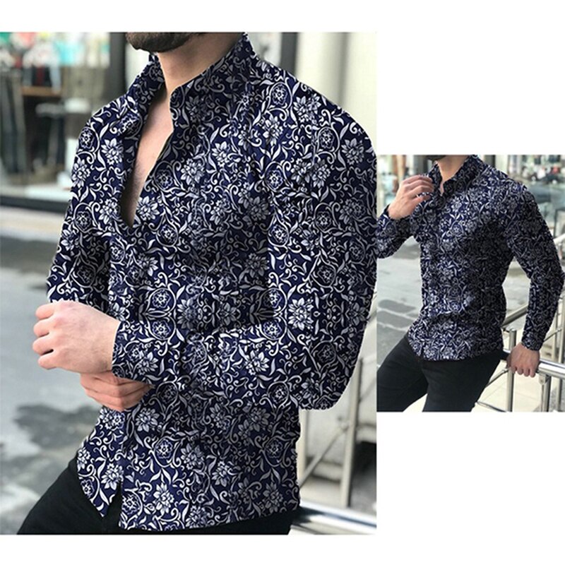Neue herren Langarm Herbst lässig Taste-Nieder Hemden oben Blumen- drucken Männlich Geschäfts Schlank Muskel Spitzen