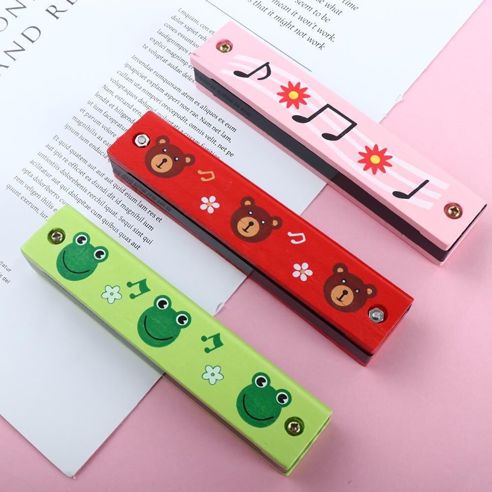 Double Row 16 Holes Children Wooden Painted Harmonica Kids Enlightenment Early Education Toys for Beginner Music Sense Training