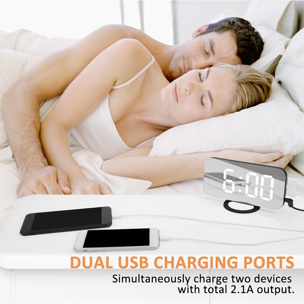 LED Alarm Clock With Dual USB Charging Port For Mobile Phone Charging Mirror Clock Snooze Function Automatic Dimming
