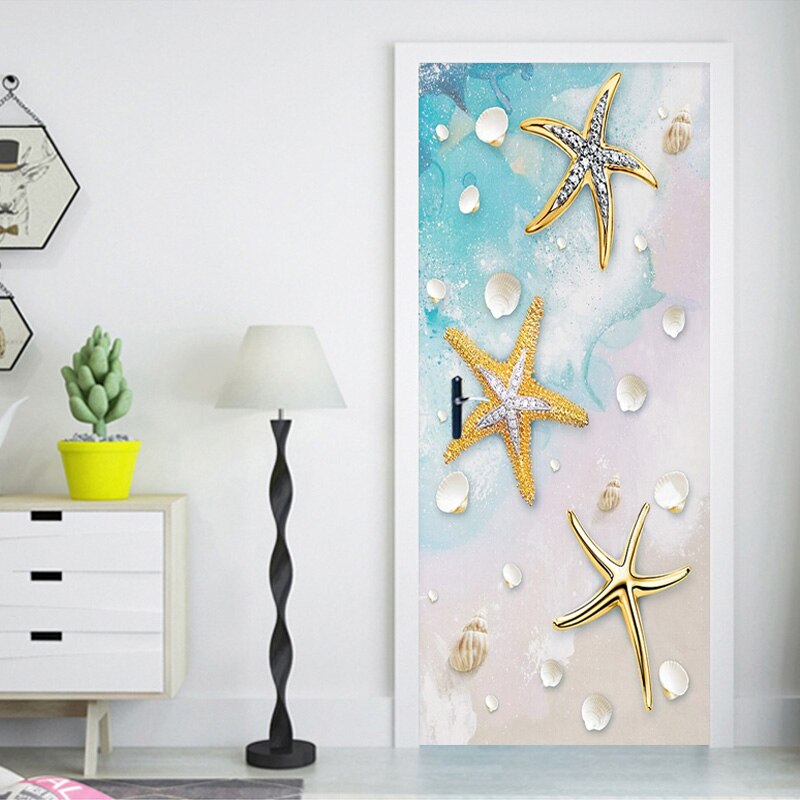 3D Wall Door Sticker Modern Blue Mediterranean Golden Starfish Shell Vinyl Door Murals Bathroom Kids Bedroom Self-Adhesive Decal