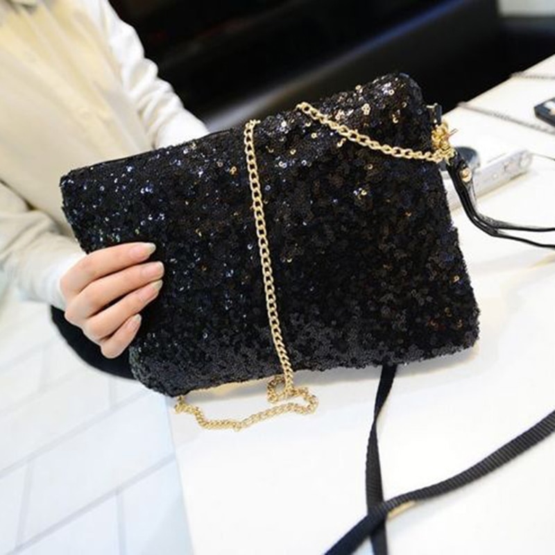 Women Ladies Glitter Sequins Handbag Sparkling Party Evening Envelope Clutch Bag Wallet Tote Purse Black Gold Silver