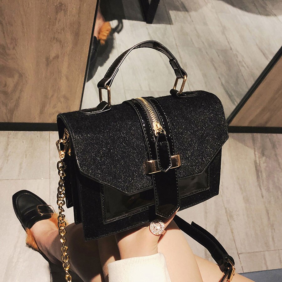 Leopard Crossbody Bags For Women With Zipper Decoration Ladies Chain Handbags And Purses Patent Leather Small Shoulder Bag: black