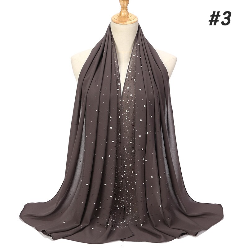 1 Pc Vrouwen Bellen Chiffon Sjaal Met Diamant Studs Parels Sjaal Vlakte Hijab Sjaals Wraps Effen Kleur Moslim hijab Sjaal: color03