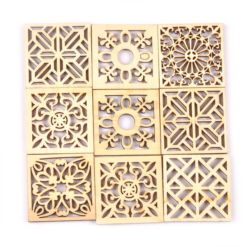 10pcs Hollow Mixed Flower Pattern Square Wood DIY Crafts Scrapbooking Wooden Embellishments Arts Wedding Display Decor M2523