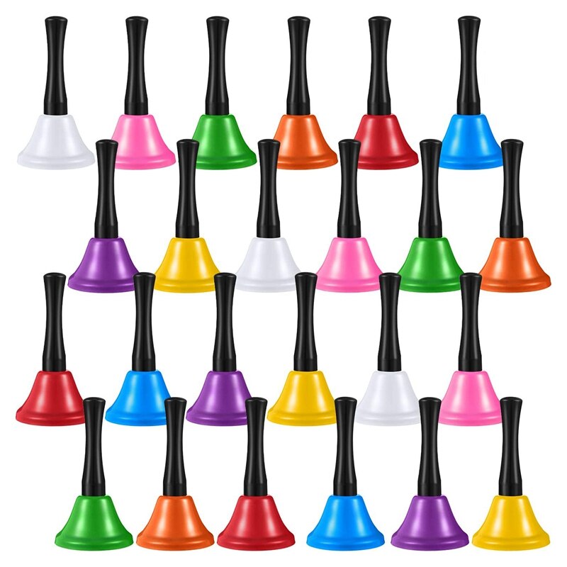 24Pcs Steel Hand Bell Call Service Hand Bells Colorful Note Handbell with Black Wooden Handles for School Dinner Calling