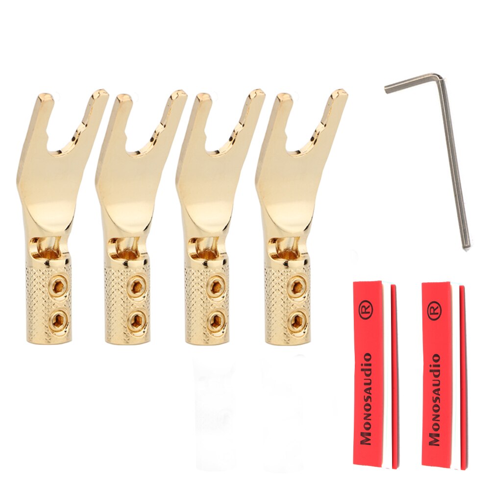 4 stykker rent kobber rhodiumbelagt y spade kobling plugg gaffel kontakter plugg høyttaler kabel høyttaler kabel jack