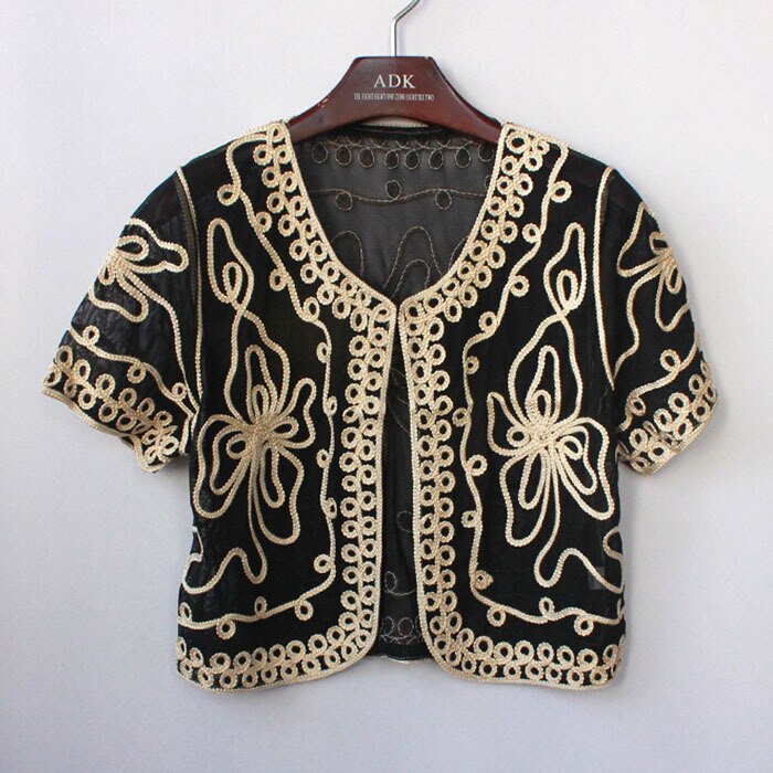 Zomer Dunne Borduurwerk Korte Mouw Kant Mesh Vest Gehaakte Shrugs Voor Vrouwen Mujer Casual Koreaanse Kleine Cape: black plus beige