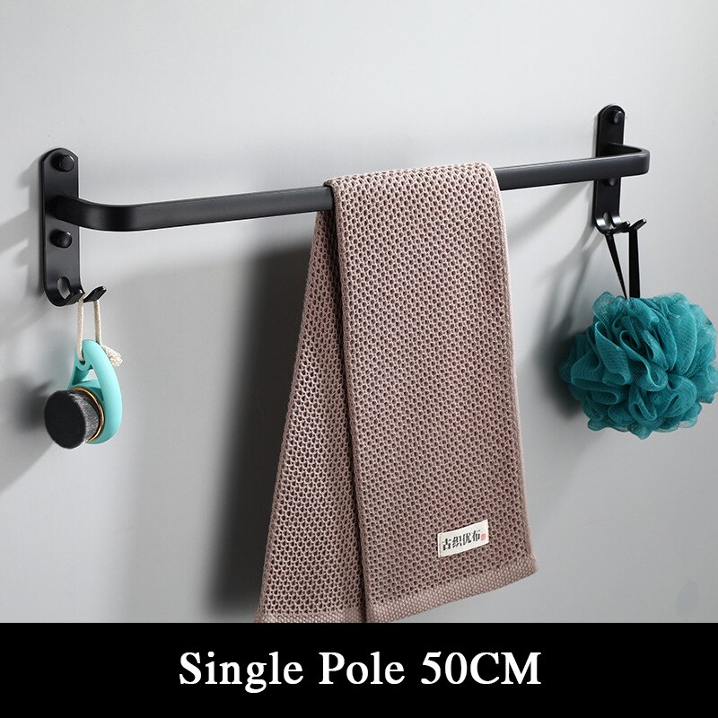 Håndklædeholder mat sort håndklædebøjle vægmonteret håndklædeholder plads aluminium toilet enkeltlag flerlags badeværelsestilbehør: Enkelt pol 50cm