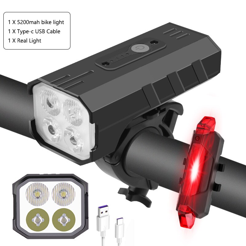 Fiets Licht 3000 Lumen 5200Mah Fiets Koplamp Power Bank Zaklamp Stuur TYPE-C Usb Opladen Mtb Road Fietsen Hoogtepunt: with tallight set