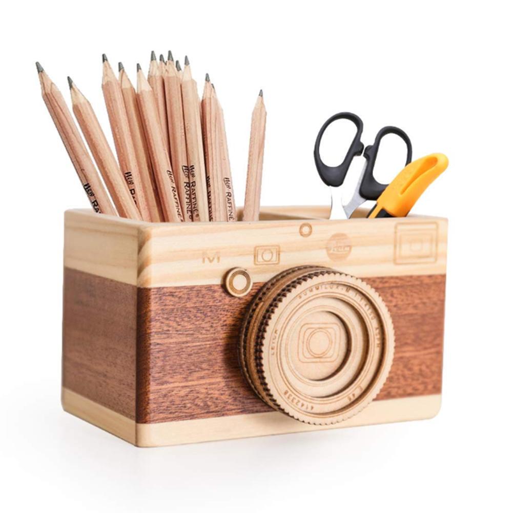 Camera Wooden Pencil Holder Home Desktop Stationarys Makeup Organizer