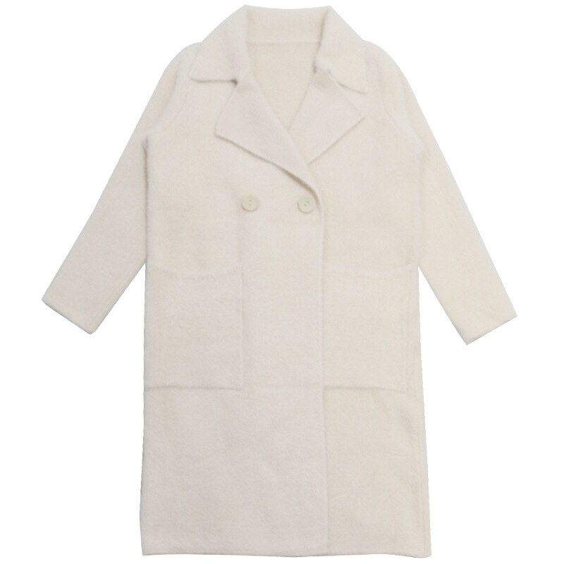 Spring Autumn Women Trench Coat Long White Warm Outwear Pocket Turn-down Collarloose Female Wool Coat Single Button Raincoat: Milky white / S