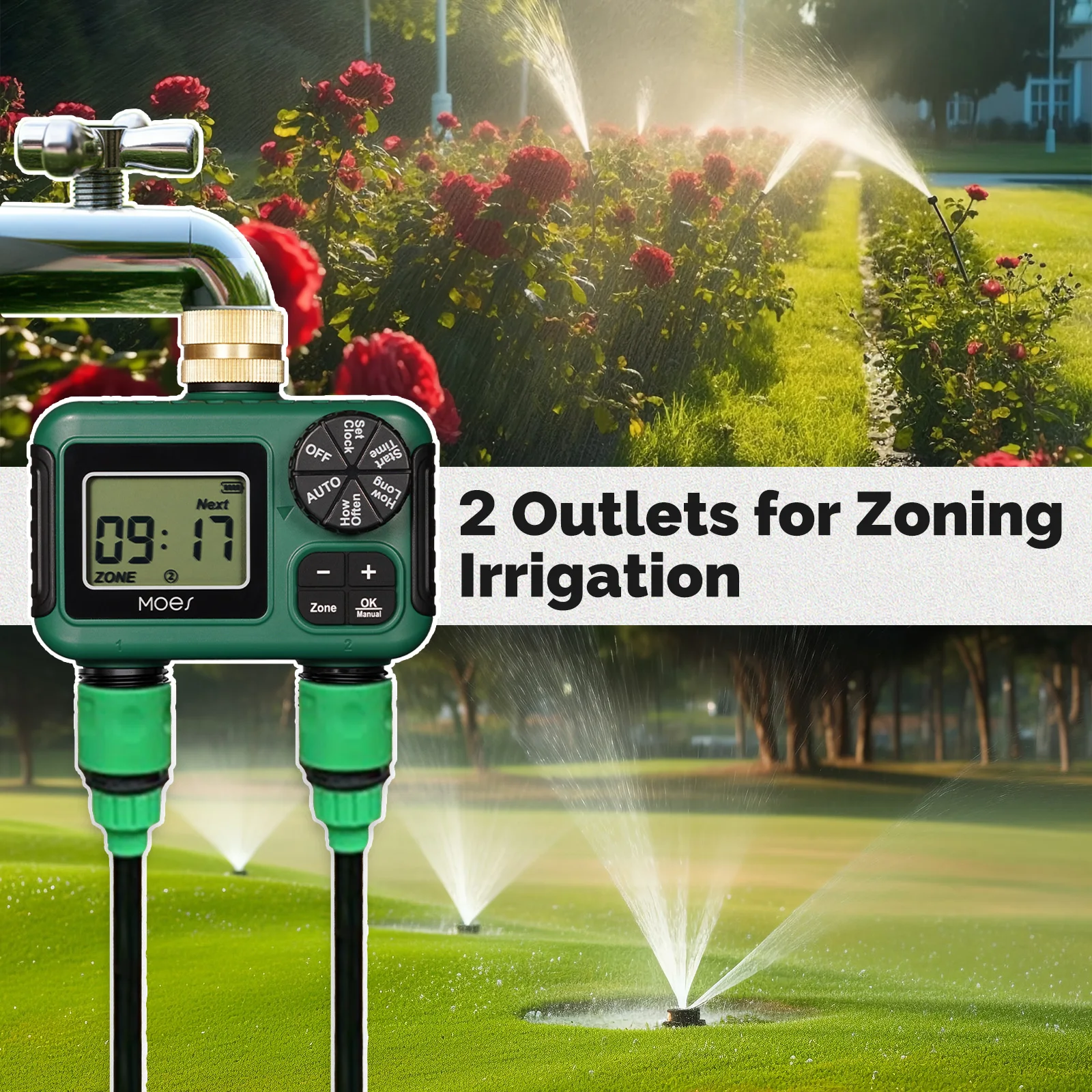 MOES 2-Auslass-Wassertimer, Durcheinander-Einlass, IPX5, wasserdicht, Drehknopf, LCD-Anzeige, Regenverzögerung, Kindersicherung, Gartenbewässerung