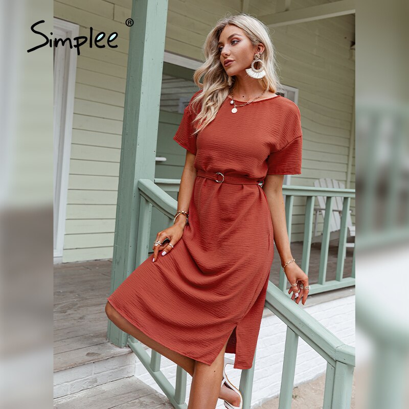 Simplee-vestido liso informal de manga corta para mujer, vestido liso con cuello redondo, holgado, con cordones, para oficina, para verano,