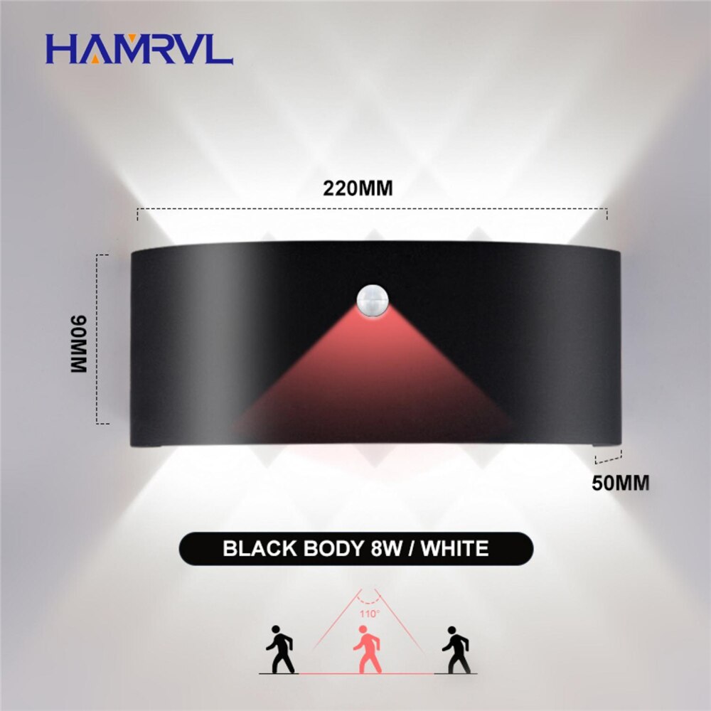 Outdoor Lighting LED PIR Motion Sensor Waterproof Wall Light 8W AC90-260V Modern Wall Lamp Garden Light Fixture Outside Building: 8W Black body-White