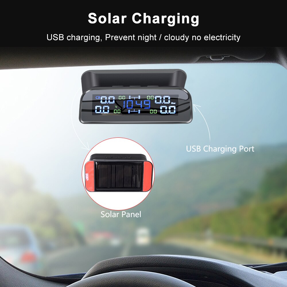 Bil tpms dekktrykk alarm monitor 4 eksternt system temperatur advarsel drivstoff spar display vedlagt sensorer trådløs solar